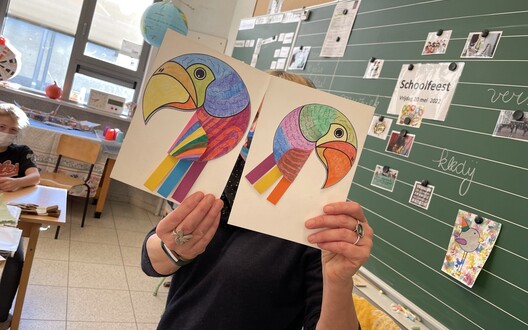  2 tekeningen van gekleurde vogels