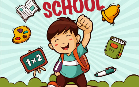 afbeelding van een blije jongen met de woorden terug naar school