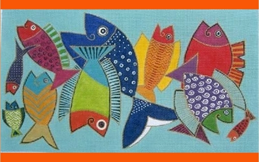 Afbeelding van een tapijt met vissen.