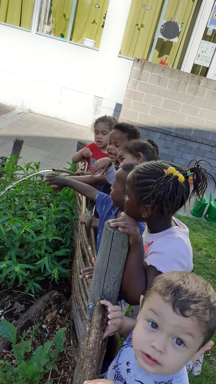 De kinderen maken zelf foto's hoe we de tuin water geven