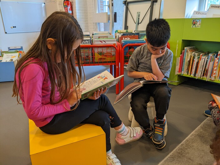 Buse leest in de bibliotheek.